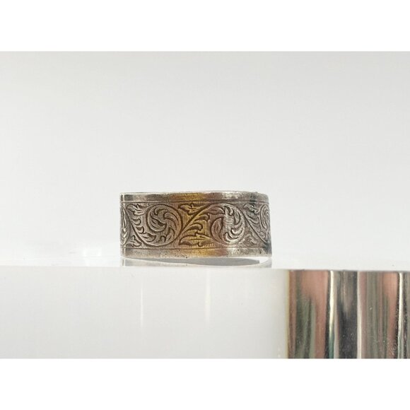 Floral Hand Carved Cigar Banded 925 Sterling Silver Vintage Ring - sz 9 - Picture 6 of 11